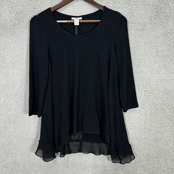Bar III top women XS black ribbed knit sheer panel ruffle hem basic flowy casual - Picture 1 of 5